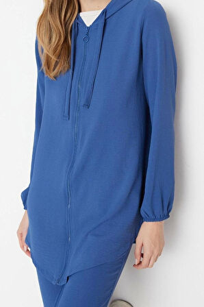 Moda Yüksek Bel Kapüşonlu Casual Günlük Taş Kapüşonlu Fermuarlı Aerobin Hırka-Pantolon Dokuma Takım