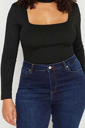 Moda Büyük Beden Choker Yaka Triko Fit Düz Desen Casual Günlük Regular Uzun Kol Bluz