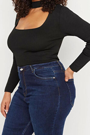 Moda Büyük Beden Choker Yaka Triko Fit Düz Desen Casual Günlük Regular Uzun Kol Bluz