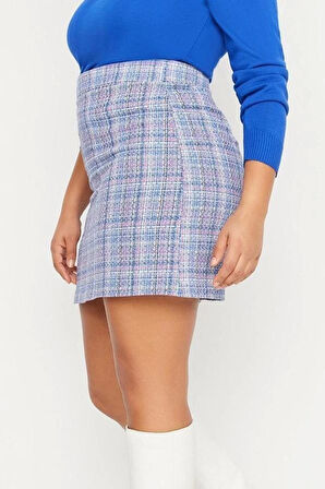 Moda Büyük Beden Regular Ekose Desen Günlük Mini Boy Ekose Şönil Dokuma Etek