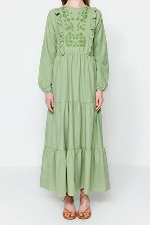 Moda Regular Casual Günlük Chambre Dokuma Bisiklet Yaka Uzun Kol A-Line Maxi Boy Tesettür Elbise