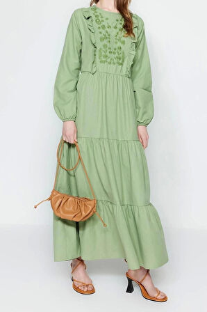 Moda Regular Casual Günlük Chambre Dokuma Bisiklet Yaka Uzun Kol A-Line Maxi Boy Tesettür Elbise