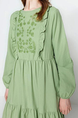 Moda Regular Casual Günlük Chambre Dokuma Bisiklet Yaka Uzun Kol A-Line Maxi Boy Tesettür Elbise