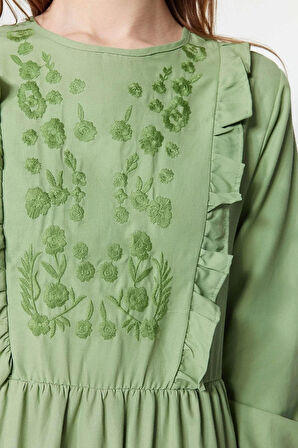 Moda Regular Casual Günlük Chambre Dokuma Bisiklet Yaka Uzun Kol A-Line Maxi Boy Tesettür Elbise