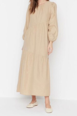 Moda Regular Casual Günlük Terrycotton Dokuma Bisiklet Yaka Uzun Kol A-Line Maxi Boy Tesettür Elbise