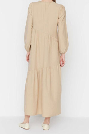 Moda Regular Casual Günlük Terrycotton Dokuma Bisiklet Yaka Uzun Kol A-Line Maxi Boy Tesettür Elbise