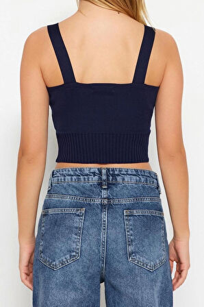 Moda Kare Yaka Triko Slim Düz Desen Casual Günlük Crop Askılı Kol Bluz