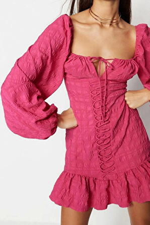 Moda Regular Mezuniyet Balo Bürümcük Dokuma Kalp Yaka Uzun Kol Bodycone Mini Boy Elbise