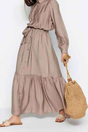 Moda Regular Casual Günlük Aerobin Dokuma Ceket Yaka Uzun Kol A-Line Maxi Boy Tesettür Elbise