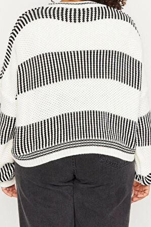 Büyük Beden Kadın Modern Tarz Rahat Uzun Bisiklet Yaka Çizgili Kol Crop Triko Kazak