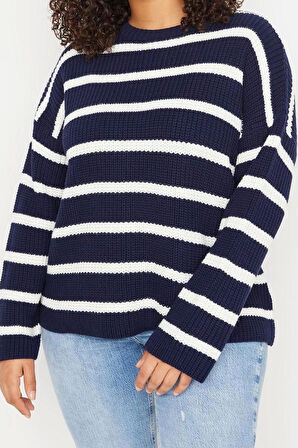 Büyük Beden Kadın Modern Tarz Rahat Uzun Bisiklet Yaka Çizgili Kol Uzun Triko Kazak