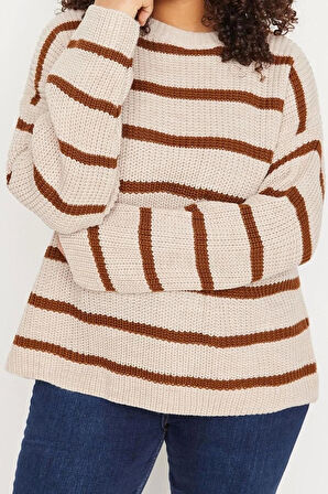 Büyük Beden Kadın Modern Tarz Rahat Uzun Bisiklet Yaka Çizgili Kol Uzun Triko Kazak