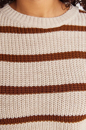 Büyük Beden Kadın Modern Tarz Rahat Uzun Bisiklet Yaka Çizgili Kol Uzun Triko Kazak