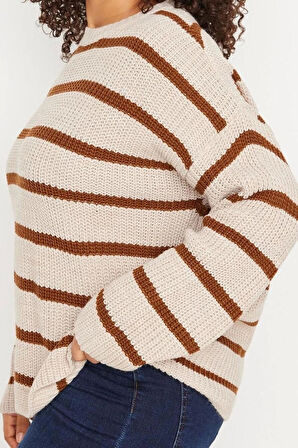 Büyük Beden Kadın Modern Tarz Rahat Uzun Bisiklet Yaka Çizgili Kol Uzun Triko Kazak