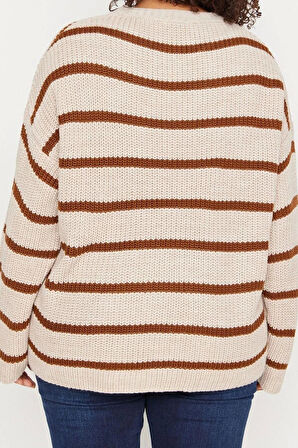 Büyük Beden Kadın Modern Tarz Rahat Uzun Bisiklet Yaka Çizgili Kol Uzun Triko Kazak