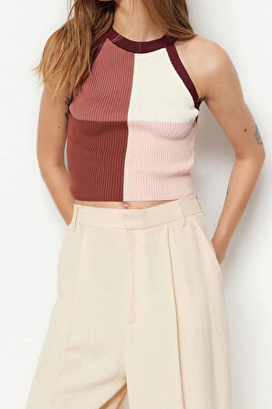 Moda Halter Yaka Triko Slim Renk Bloklu Desen Casual Günlük Crop Kolsuz Bluz