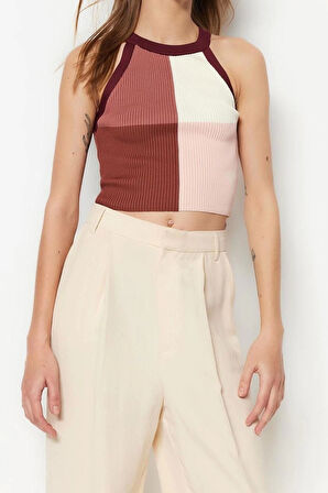 Moda Halter Yaka Triko Slim Renk Bloklu Desen Casual Günlük Crop Kolsuz Bluz