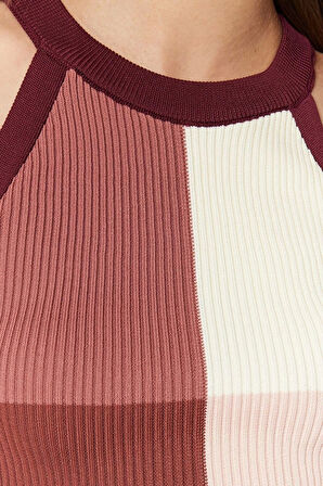 Moda Halter Yaka Triko Slim Renk Bloklu Desen Casual Günlük Crop Kolsuz Bluz