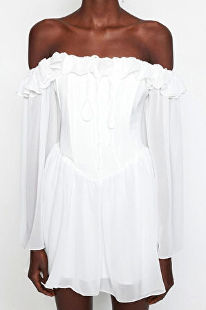 Moda Regular Mezuniyet Balo Şifon Dokuma Carmen Yaka Uzun Kol Skater Mini Boy Elbise