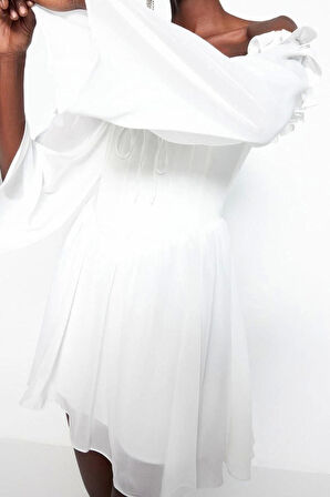 Moda Regular Mezuniyet Balo Şifon Dokuma Carmen Yaka Uzun Kol Skater Mini Boy Elbise