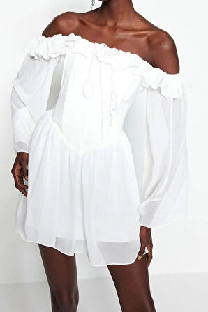 Moda Regular Mezuniyet Balo Şifon Dokuma Carmen Yaka Uzun Kol Skater Mini Boy Elbise