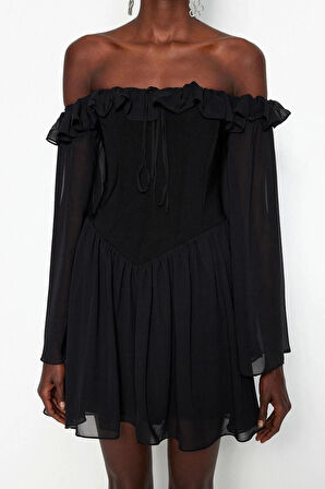 Moda Regular Mezuniyet Balo Şifon Dokuma Carmen Yaka Uzun Kol Skater Mini Boy Elbise