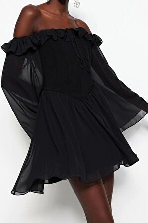 Moda Regular Mezuniyet Balo Şifon Dokuma Carmen Yaka Uzun Kol Skater Mini Boy Elbise