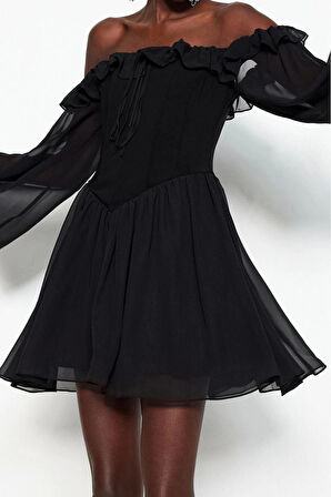 Moda Regular Mezuniyet Balo Şifon Dokuma Carmen Yaka Uzun Kol Skater Mini Boy Elbise