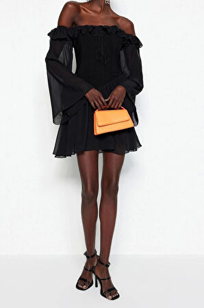 Moda Regular Mezuniyet Balo Şifon Dokuma Carmen Yaka Uzun Kol Skater Mini Boy Elbise