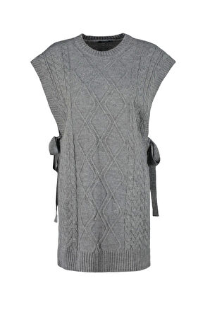 Stil Modern Kadın Midi Düşük Kol Bisiklet Yaka Tesettür Beli Bağlamalı Saç Örgülü Triko Süveter