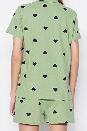 Tarz Rahat Kısa Kollu Boru Paça %100 Pamuklu Kalp Desenli Örme Pijama Takımı
