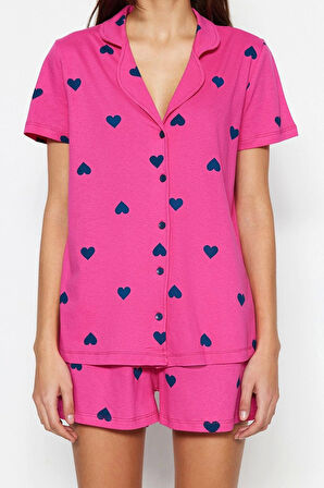Tarz Rahat Kısa Kollu Boru Paça %100 Pamuklu Kalp Desenli Örme Pijama Takımı