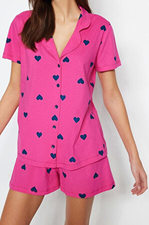 Tarz Rahat Kısa Kollu Boru Paça %100 Pamuklu Kalp Desenli Örme Pijama Takımı