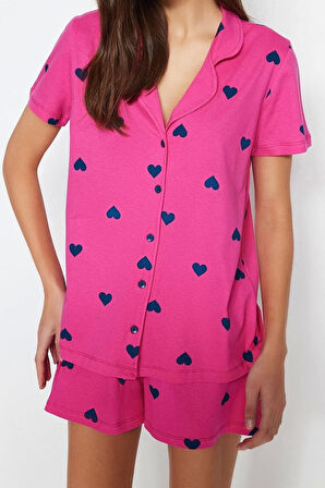 Tarz Rahat Kısa Kollu Boru Paça %100 Pamuklu Kalp Desenli Örme Pijama Takımı
