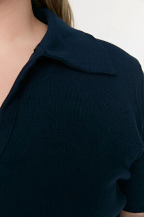 Moda Büyük Beden Polo Yaka Örme Regular Düz Desen Casual Günlük Crop Kısa Kol Bluz