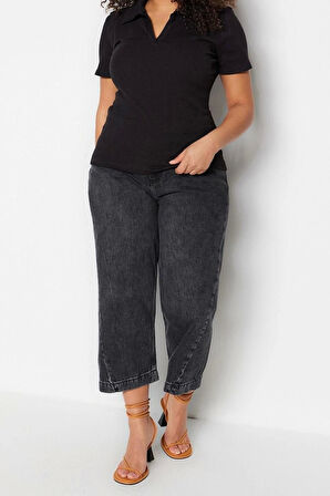Moda Büyük Beden Polo Yaka Örme Regular Düz Desen Casual Günlük Crop Kısa Kol Bluz