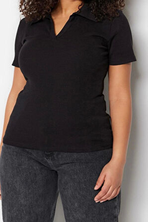 Moda Büyük Beden Polo Yaka Örme Regular Düz Desen Casual Günlük Crop Kısa Kol Bluz