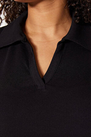 Moda Büyük Beden Polo Yaka Örme Regular Düz Desen Casual Günlük Crop Kısa Kol Bluz
