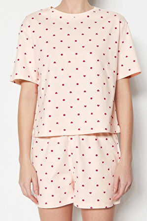 Tarz Rahat Kısa Kollu Boru Paça %100 Pamuklu Kalp Desenli T-shirt-Şort Örme Pijama Takımı