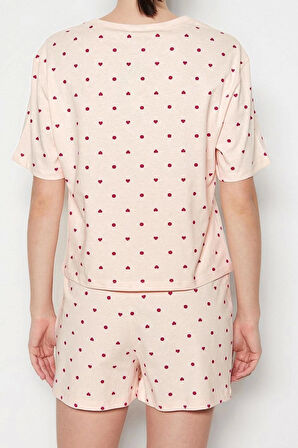 Tarz Rahat Kısa Kollu Boru Paça %100 Pamuklu Kalp Desenli T-shirt-Şort Örme Pijama Takımı