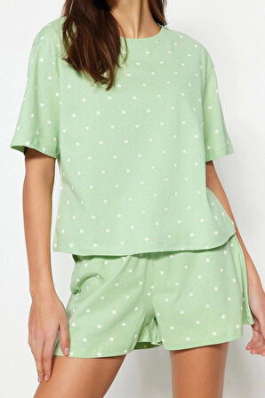 Tarz Rahat Kısa Kollu Boru Paça %100 Pamuklu Kalp Desenli T-shirt-Şort Örme Pijama Takımı