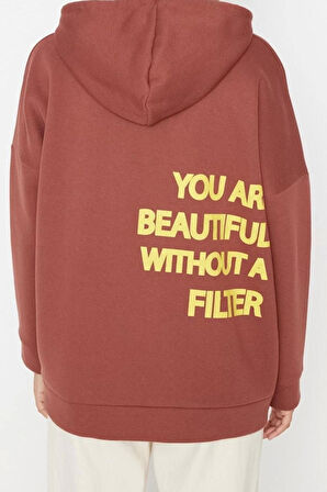 Oversize Kapüşonlu Düşük Kol Uzun Kalın İçi Polarlı Sırt Baskılı Geniş Kalıp Örme Sweatshirt