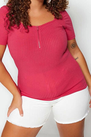 Moda Büyük Beden Kare Yaka Örme Fit Düz Desen Casual Günlük Crop Kısa Kol Bluz