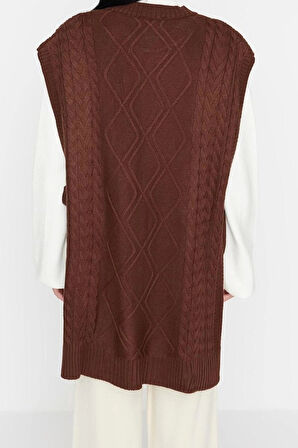 Stil Modern Kadın Midi Düşük Kol Bisiklet Yaka Tesettür Beli Bağlamalı Saç Örgülü Triko Süveter