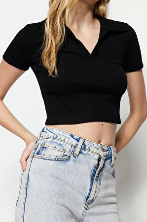 Moda Polo Yaka Örme Slim Slogan Desen Casual Günlük Crop Kısa Kol Bluz