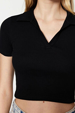 Moda Polo Yaka Örme Slim Slogan Desen Casual Günlük Crop Kısa Kol Bluz