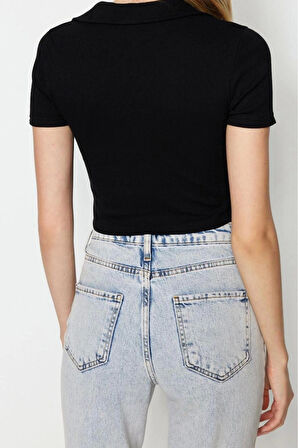 Moda Polo Yaka Örme Slim Slogan Desen Casual Günlük Crop Kısa Kol Bluz