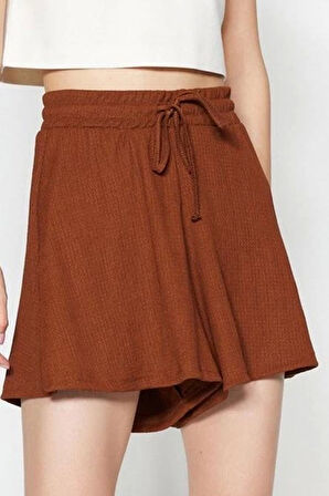 Moda Örme Normal Bel Geniş Paça Gündelik Vizon Rahat Kesim Normal Bel Bürümcük Dokulu Şort