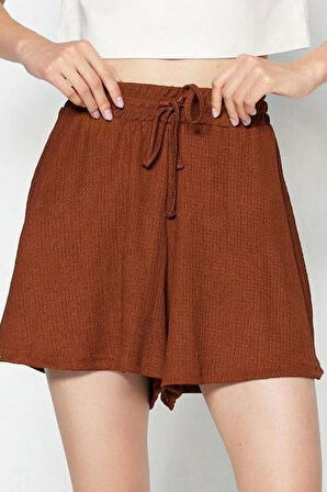 Moda Örme Normal Bel Geniş Paça Gündelik Vizon Rahat Kesim Normal Bel Bürümcük Dokulu Şort