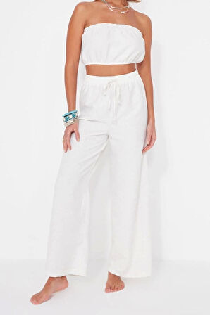 Moda Dokuma Yüksek Bel Düz Straplez Plaj Beyaz Dokuma Bluz Pantolon Takım